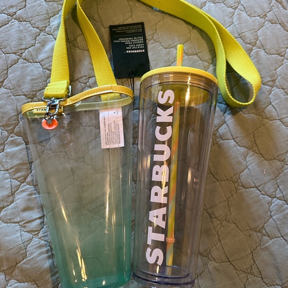 Starbucks Clear Tumbler with Neon Yellow Lid and crossbody carrying case - Picture 3 of 4